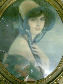 Litho polychrome jeune femme XIXe dans cadre ovale